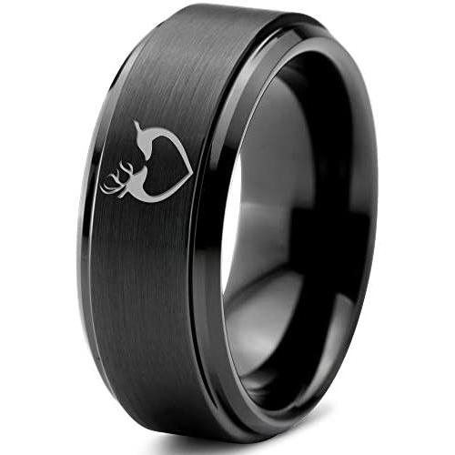 Hunter Celtic Spiritual Deer Antler Heart Ring - Tungsten Band 8mm - Men - Women - 18k Rose Gold Step Bevel Edge - Yellow - Grey - Blue - Black - Brushed - Polished - Wedding - Gift Dome Flat Cut