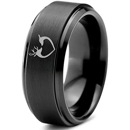 Hunter Celtic Spiritual Deer Antler Heart Ring - Tungsten Band 8mm - Men - Women - 18k Rose Gold Step Bevel Edge - Yellow - Grey - Blue - Black - Brushed - Polished - Wedding - Gift Dome Flat Cut