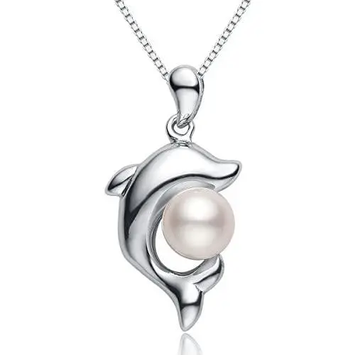 Dolphin Pearl Necklace with 5-6mm Freshwater Cultured Pearl 925 Sterling Silver Chain Dolphin Jewelry for Women - VIKI LYNN