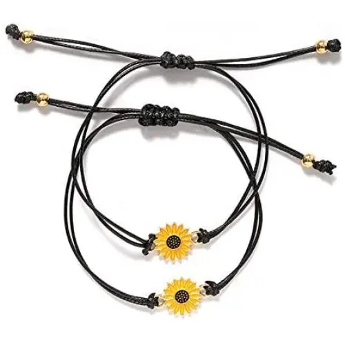 Sunflower Bracelet,QXY Handmade Sunflower Boho Bracelet Friendship Jewelry for Women Girl 2 Set
