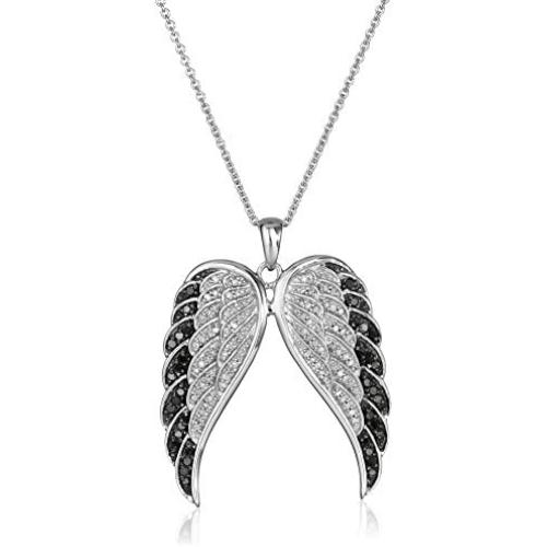 Sterling Silver Black and White Diamond Angel Wings Pendant Necklace (1/2 cttw), 18''