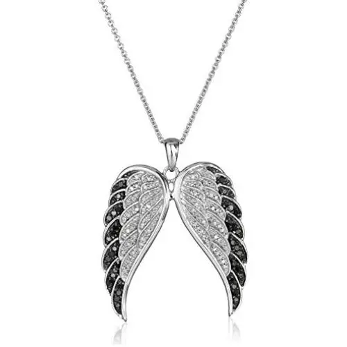 Sterling Silver Black and White Diamond Angel Wings Pendant Necklace (1/2 cttw), 18'' Sterling Silver Black and White Diamond Angel Wings Pendant Necklace (1/2 cttw), 18''