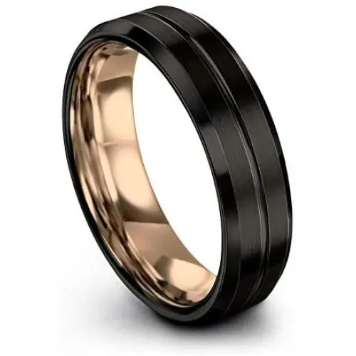 Midnight Rose Collection Tungsten Wedding Band Ring 6mm for Men Women 18k Rose Yellow Gold Plated Bevel Edge Black Brushed Polished
