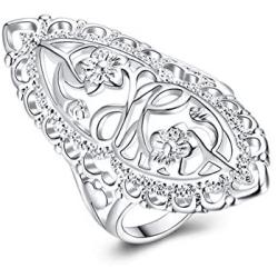 XCFS 925 Sterling Silver Statement Ring Vintage Hollow Long Celtic Knot Daisy Flower Floral Filigree Band Rings