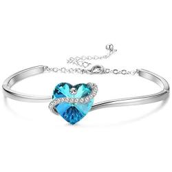 Sllaiss “Deep Love” Blue Heart Crystal Bangle Bracelet for Women Platinum Plated Adjustable Bracelet, Love Jewelry Gifts for Her, Crystals from Swarovski