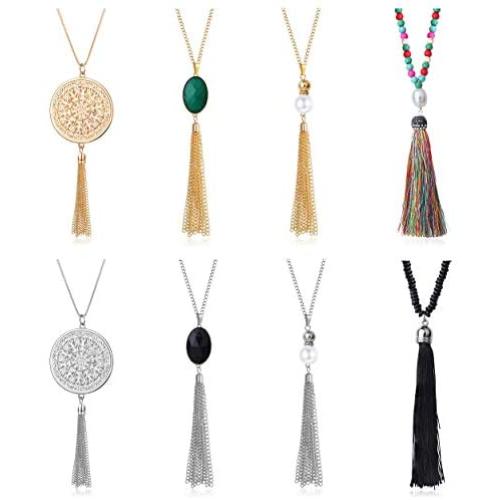 LOYALLOOK 8 Pieces Long Statement Pendant Necklaces Set for Women Disk Circle Chain Tassel Pearl Boho Beads Pendant Necklaces Fashion Jewelry