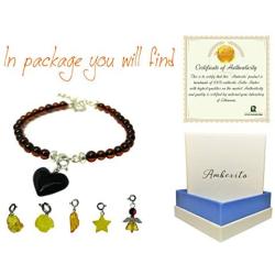 Amberito Baltic Amber Bracelet for Women Adjustable Size 6.7 to 7.5 inches Amber Charm Heart, Rose, Angel, Tulip, Star, Wing Pendant with Cherry Beads