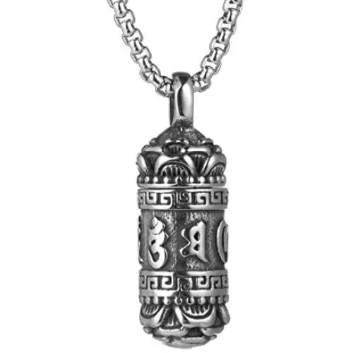 HZMAN Tibetan Buddhism Meditation Stainless Steel Pendant Commemorative Cremation Ashes Pill Cylinder Container Necklace 22+2 Inch Chain