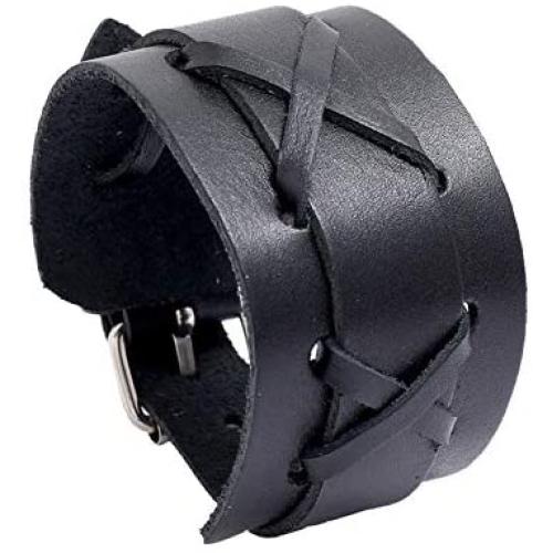Mgutillart Punk Vintage Alloy Belt Buckle Wristband Wide Leather Cuff Bracelet
