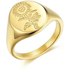 BAOWING Sunflower Rings for Women | Gold Chunky Dome Signet Ring | Stainless Steel Minimalistic Statement Jewelry Gift Girls 18K Gold Size 5