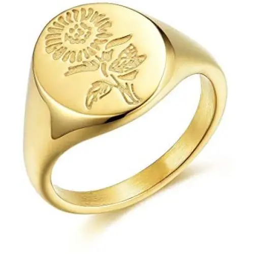 BAOWING Sunflower Rings for Women | Gold Chunky Dome Signet Ring | Stainless Steel Minimalistic Statement Jewelry Gift Girls 18K Gold Size 5 BAOWING Sunflower Rings for Women | Gold Chunky Dome Signet Ring | Stainless Steel Minimalistic Statement Jewelry Gift Girls 18K Gold Size 5