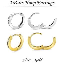 Hoop Earrings for Women, 2 Pairs Sterling Silver and Gold Hypoallergenic Womens Mens Ear Cuff with Cubic Zirconia, Small Jewelry Cartilage Earring Set for Girls as Gift