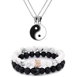 Long tiantian Yin Yang Necklace Bracelet Set for Couple His and Hers Bracelets Friendship Promise Necklaces for 2 Couple Gifts