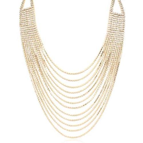 RIAH FASHION Chain Drape Multi Strand Long Layered Waterfall Necklace - Sparkly Rhinestone Statement Bib, Metallic Bead Collar Choker, Bohemian Fringe Tassel