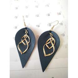 MANZHEN Leather Leaf Teardrop Earrings with Double Linear Loops Twist Wave Dangle Earrings