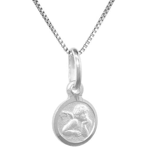 Tiny Sterling Silver Guardian Angel Medal Necklace 5/16 inch Round Italy, 16-30 inch 0.8mm_Box_Chain