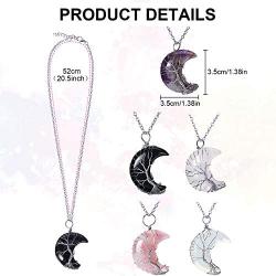 Hicarer 5 Pieces Tree Life Crescent Moon Necklace Copper Wire Wrap Natural Gemstones Healing Crystal Pendant Necklace Natural Gemstone Quartz Jewelry for Women Girls
