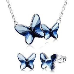 Sllaiss S925 Sterling Silver Butterfly Jewelry Crystals from Austria Light Blue Butterfly Crystal Necklace Earring Set for Women, Lover Anniversary Mothers Day Gift with Box