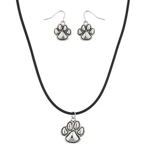 LUX ACCESSORIES Paws Animal Earring and Necklace Set (2pc)