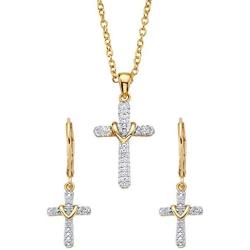 14K Yellow Gold-Plated Genuine Diamond Accent Wrapped Cross Earring and Necklace Set 18''-20''