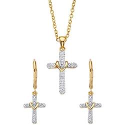 14K Yellow Gold-Plated Genuine Diamond Accent Wrapped Cross Earring and Necklace Set 18''-20''