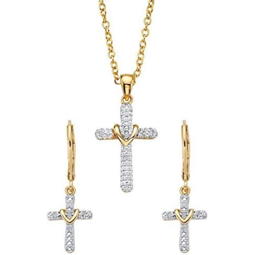 14K Yellow Gold-Plated Genuine Diamond Accent Wrapped Cross Earring and Necklace Set 18''-20''