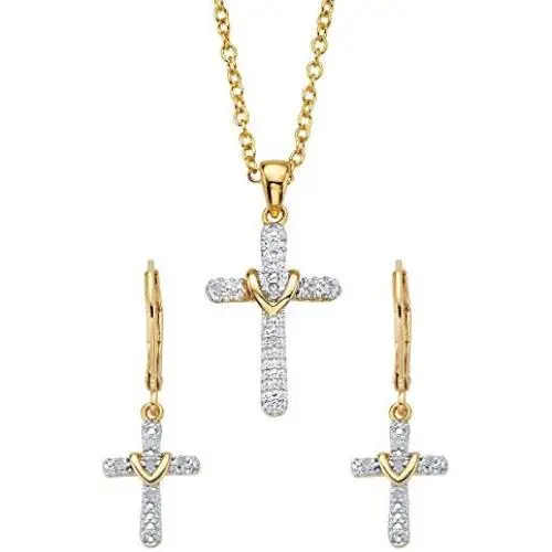 14K Yellow Gold-Plated Genuine Diamond Accent Wrapped Cross Earring and Necklace Set 18''-20'' 14K Yellow Gold-Plated Genuine Diamond Accent Wrapped Cross Earring and Necklace Set 18''-20''