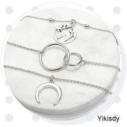 Yikisdy Beach Layerded Moon Choker Necklace Silver Map Pendant Neck Chain Boho Rings Necklaces Fashion Beaded Neck Accessory Jewelry for Women and Girls