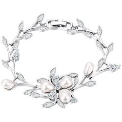 EVER FAITH Womens CZ Simulated Pearl Bridal Wedding Flower Leaf Filigree Stunning Tennis Bracelet