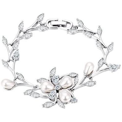EVER FAITH Womens CZ Simulated Pearl Bridal Wedding Flower Leaf Filigree Stunning Tennis Bracelet