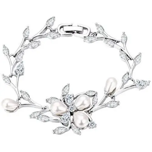 EVER FAITH Womens CZ Simulated Pearl Bridal Wedding Flower Leaf Filigree Stunning Tennis Bracelet EVER FAITH Womens CZ Simulated Pearl Bridal Wedding Flower Leaf Filigree Stunning Tennis Bracelet