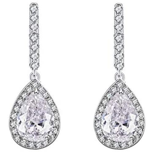 Scarlvambo Bridal Dangle Earrings Small Womens Cubic Zirconia Teardrop Pierced Silver-Tone