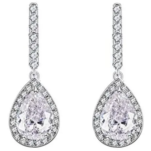 Scarlvambo Bridal Dangle Earrings Small Womens Cubic Zirconia Teardrop Pierced Silver-Tone