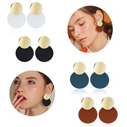 Hanpabum 8 Pairs Acrylic Leather Drop Dangle Earrings Mottled Resin Stud Earrings Set Bohemian Statement Round&Oval Shape Jewelry