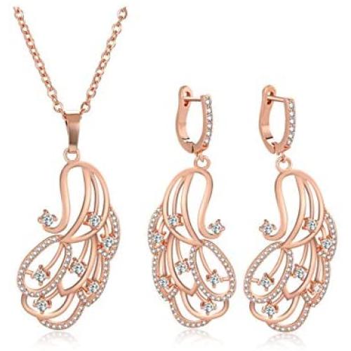 Top Plaza Womens Girls Rose Gold Plated Cubic Zirconia Jewelry Set Fashion Elegant Rhinestone Statement Necklace Earrings Set for Weddings, Brides, Formals, Prom