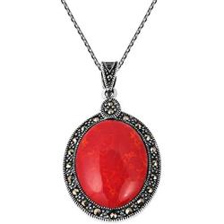 AeraVida Vintage Reconstructed Red Coral & Marcasite Style Pyrite Frame .925 Sterling Silver Pendant Necklace