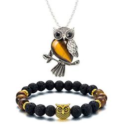 Softones Owl Necklace Healing Crystals Necklace for Women Men Reiki Spiritual Energy Gemstone Necklace Lava Owl Bracelet Set Gifts for Women with Gift Box