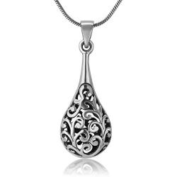 925 Oxidized Sterling Silver Open Filigree 3D Puffed Teardrop Design Pendant Necklace, 18''