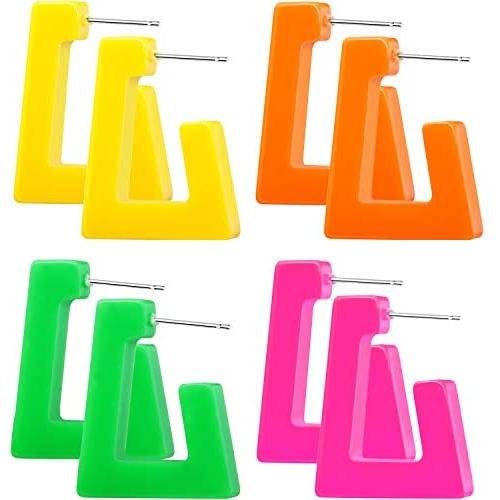 4 Pairs 80s Women Retro Earrings Geometric Dangle Neon Earrings for Party Costume Accessory