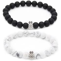 POSHFEEL Pineapple Charm Bracelets for Lovers Couple Black Matte Agate & White Howlite 8mm Beads Bracelet, 7.6''+7.2''