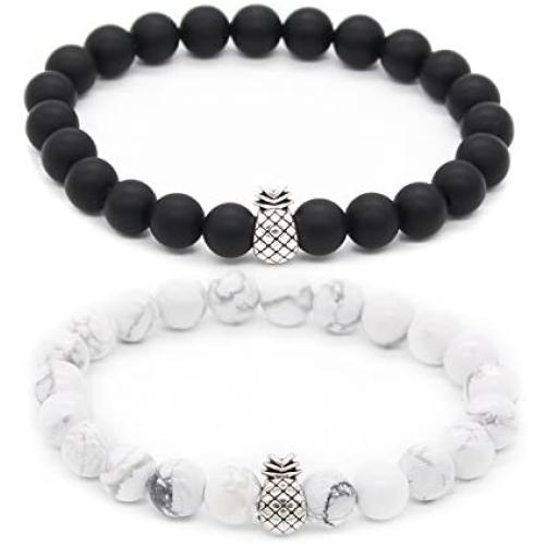 POSHFEEL Pineapple Charm Bracelets for Lovers Couple Black Matte Agate & White Howlite 8mm Beads Bracelet, 7.6''+7.2''