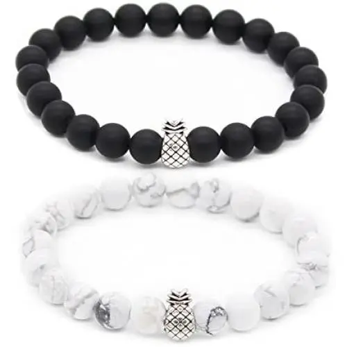 POSHFEEL Pineapple Charm Bracelets for Lovers Couple Black Matte Agate & White Howlite 8mm Beads Bracelet, 7.6''+7.2'' POSHFEEL Pineapple Charm Bracelets for Lovers Couple Black Matte Agate & White Howlite 8mm Beads Bracelet, 7.6''+7.2''