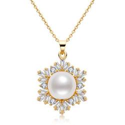 Pearl Necklace Freshwater Cultured White Single Pearl Pendant Flower Necklace with Cubic Zirconia 14K Gold Filled Pearl Jewelry Gifts for Women Girls Wife