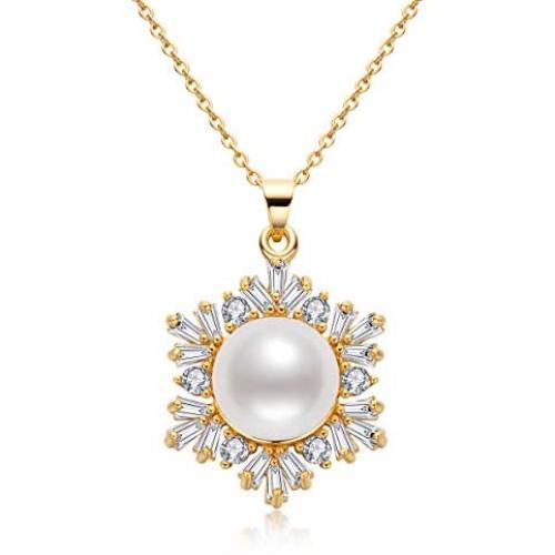 Pearl Necklace Freshwater Cultured White Single Pearl Pendant Flower Necklace with Cubic Zirconia 14K Gold Filled Pearl Jewelry Gifts for Women Girls Wife
