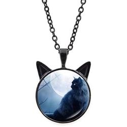 jeeone Vintage Moon Cat Pendant Sweater Necklace, for Women Charm Animals Jewelry Gift for Women Girl/Girlfriend Teen - Silver