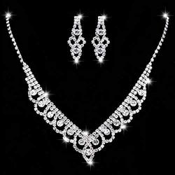 Unicra Bride Silver Necklace Earrings Set Crystal Bridal Wedding Jewelry Sets Rhinestone Bridesmaid Party Choker Necklace Drop Dangle Earrings Set for Women and Girls (Silver-2)