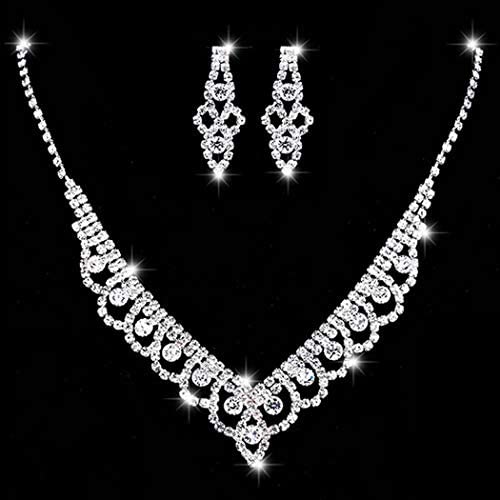 Unicra Bride Silver Necklace Earrings Set Crystal Bridal Wedding Jewelry Sets Rhinestone Bridesmaid Party Choker Necklace Drop Dangle Earrings Set for Women and Girls (Silver-2)