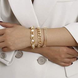 3Pcs Gold Plated Chain Bracelet Pearl Bracelet Set for Women Teen Girls