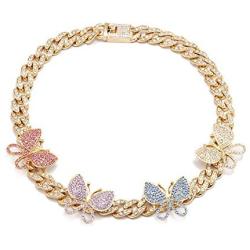 yfstyle Cuban Link Chain for Women Girls Chunky Rhinestone Hip Hop Necklace Iced Out Butterfly Choker Gold Plated Rappers Necklaces Valentine’s Day Gift for Girlfriend