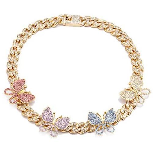 yfstyle Cuban Link Chain for Women Girls Chunky Rhinestone Hip Hop Necklace Iced Out Butterfly Choker Gold Plated Rappers Necklaces Valentine’s Day Gift for Girlfriend